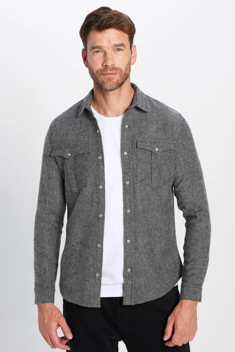 تودورس Men's Slim Fit Slim Fit Lumberjack Double Pocket Flap Plain Gray Shirt