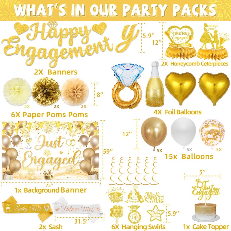 Bolake Gold Engagement Party Decorations Just Engaged Decorations Happy Engagement Banner Backdrop Banner Hanging Swirls for Married Decorations Congratulations Wedding Bachelorette Party Decorations - Image 2