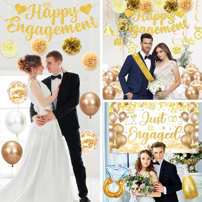 Bolake Gold Engagement Party Decorations Just Engaged Decorations Happy Engagement Banner Backdrop Banner Hanging Swirls for Married Decorations Congratulations Wedding Bachelorette Party Decorations - Image 5