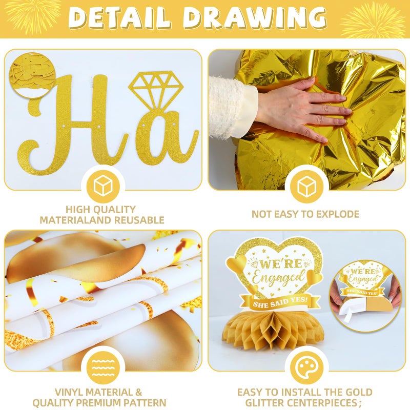 Bolake Gold Engagement Party Decorations Just Engaged Decorations Happy Engagement Banner Backdrop Banner Hanging Swirls for Married Decorations Congratulations Wedding Bachelorette Party Decorations - Image 4