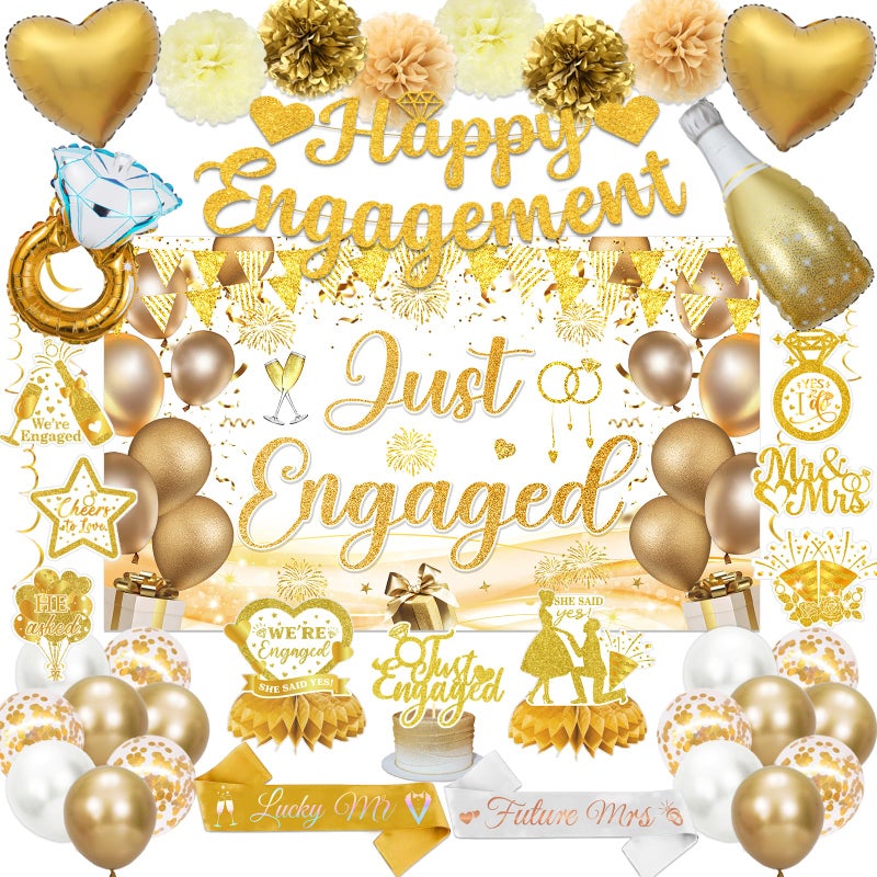 Bolake Gold Engagement Party Decorations Just Engaged Decorations Happy Engagement Banner Backdrop Banner Hanging Swirls for Married Decorations Congratulations Wedding Bachelorette Party Decorations - Image 1