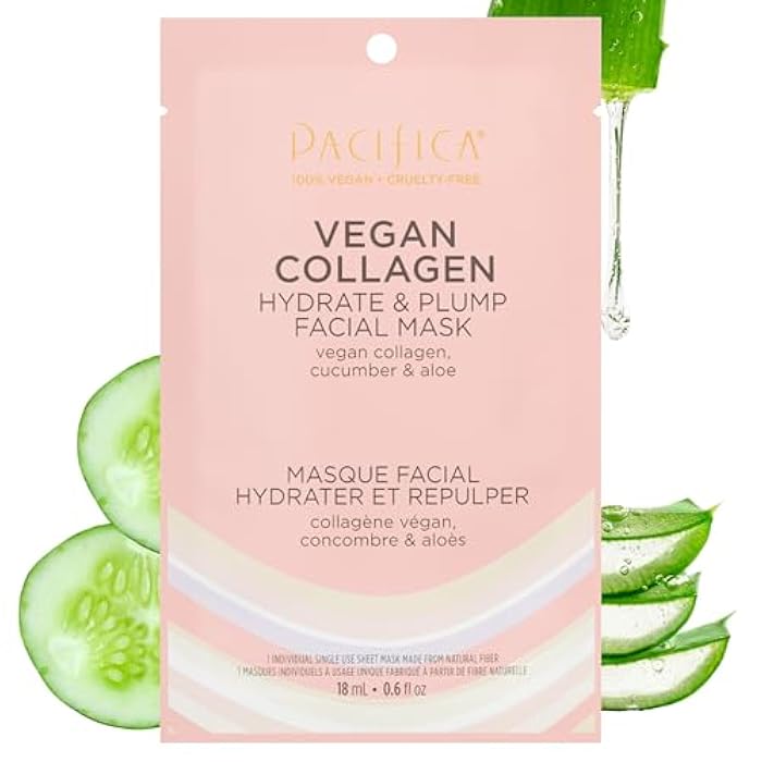 Pacifica Sheet Face Mask - Vegan Collagen Hydrate & Plump with Cucumber & Aloe – Moisturizing Mask for Dry & Aging Skin - Clean Beauty Vegan & Cruelty-Free Dermatologist Tested - Image 1