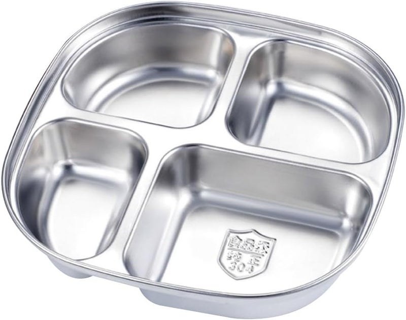 Hemoton Stainless Steel Divided Plate 4 Compartment Portion Control Plate for Kids Lunch Camping and Food StorageDiet Food ControlCompact Serving PlatterMini Camping Dishes - Image 1