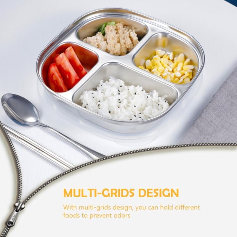 Hemoton Stainless Steel Divided Plate 4 Compartment Portion Control Plate for Kids Lunch Camping and Food StorageDiet Food ControlCompact Serving PlatterMini Camping Dishes - Image 2