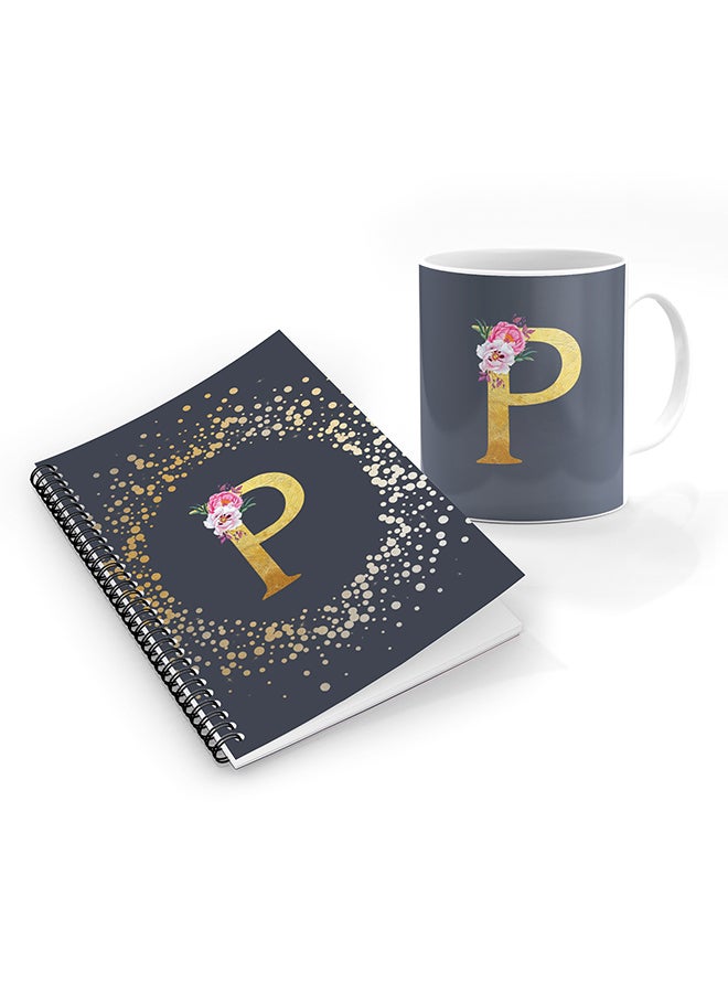Stylizedd Printed Coffee Mug + A5 Spiral Notebook Memo Personalised Combo Gift Set Custom Monogram Initial Letter Floral Pattern Alphabet - P  (Grey )