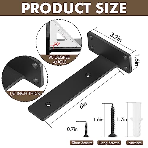 MIUGO 6 Pack Heavy Duty Shelf Brackets 6 inch, Floating Shelf Brackets(1/5”-Thick), L-Shaped Wall Shelf Bracket Hidden & Decorative Shelf Bracket Black - Image 3