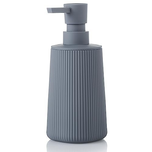 YAUKPH Small Soap Dispenser for Bathroom and Kitchen, Modern Farmhouse Striped Style Plastic Hand Soap Dish Soap Dispenser with Pump Matte Gray - Image 1