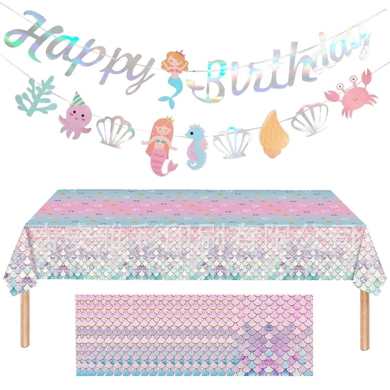 BIGTHREE Mermaid Theme Birthday Party Fantasy Decorations Set Mermaid Happy Birthday Banner Tablecloth and 20pc Napkins deal for Girls Party Birthday Celebrations Decorations - Image 2