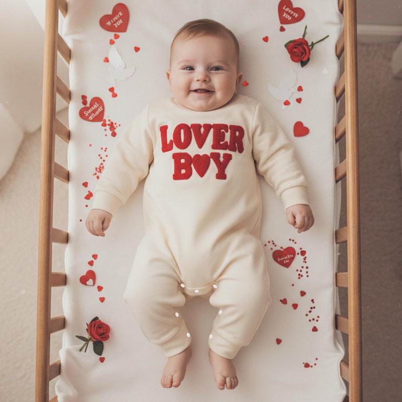 Rourufy Baby Boy Valentines Outfit Newborn One Piece Jumpsuit Long Sleeve Onesie Infant Cute Romper Spring Fall Clothes (A Lover Boy Beige, 6-12 Months) - Image 3