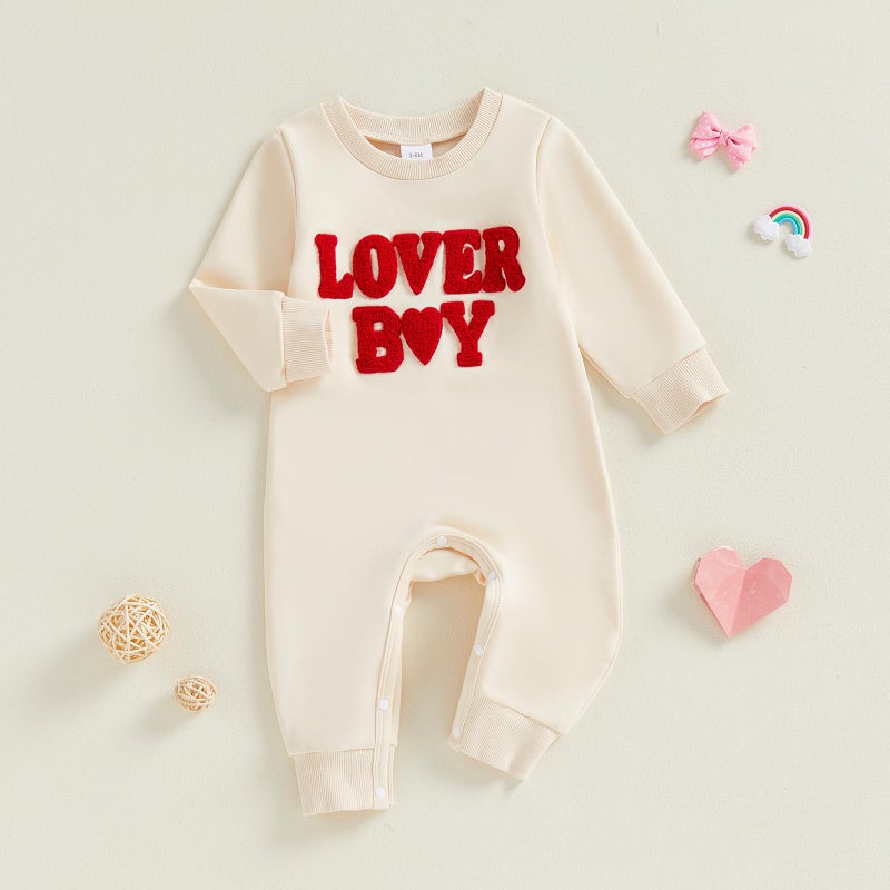 Rourufy Baby Boy Valentines Outfit Newborn One Piece Jumpsuit Long Sleeve Onesie Infant Cute Romper Spring Fall Clothes (A Lover Boy Beige, 6-12 Months) - Image 5