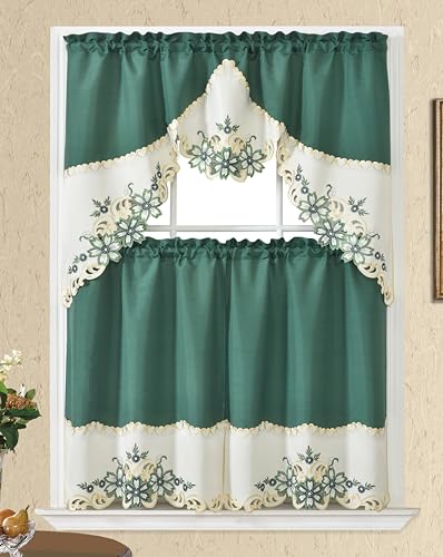 GOHD Golden Ocean Home Decor GOHD Arch Floral Kitchen Curtain SetSwag Valance Tier Set Nice Matching Color Floral Embroidery on Border with cutworks Teal Green - Image 1