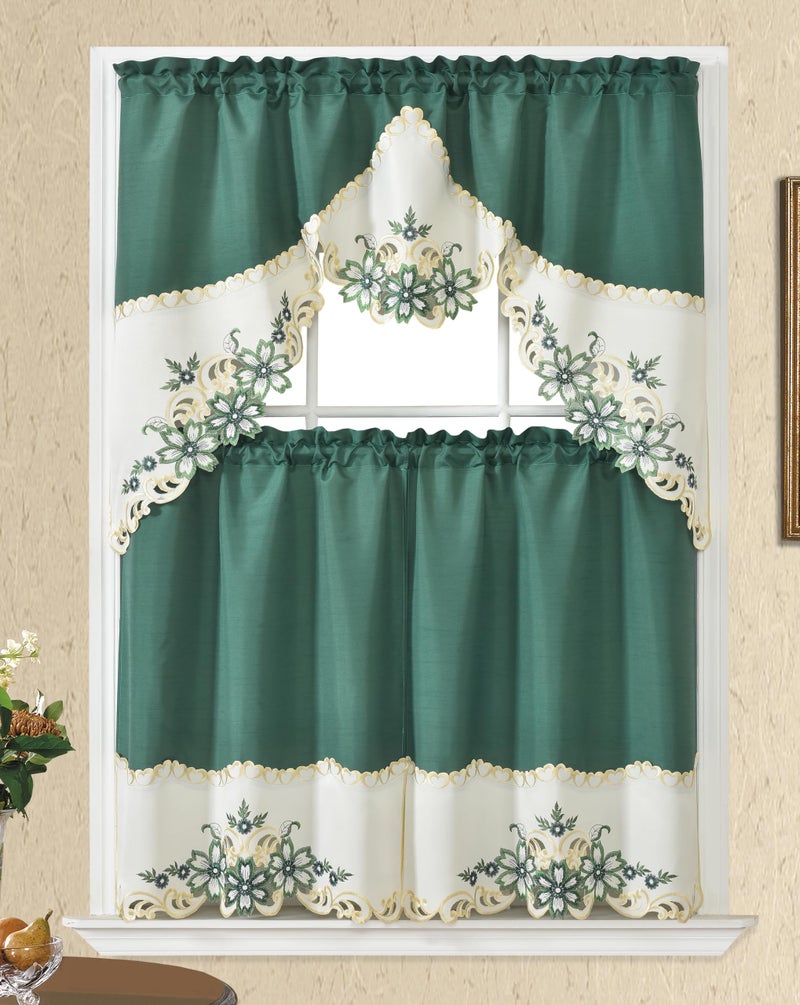 GOHD Golden Ocean Home Decor GOHD Arch Floral Kitchen Curtain SetSwag Valance Tier Set Nice Matching Color Floral Embroidery on Border with cutworks Teal Green - Image 2