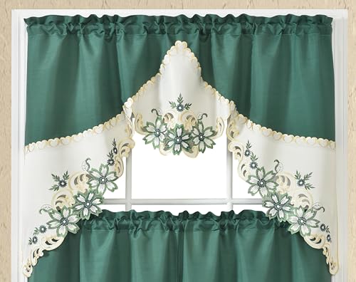 GOHD Golden Ocean Home Decor GOHD Arch Floral Kitchen Curtain SetSwag Valance Tier Set Nice Matching Color Floral Embroidery on Border with cutworks Teal Green - Image 3