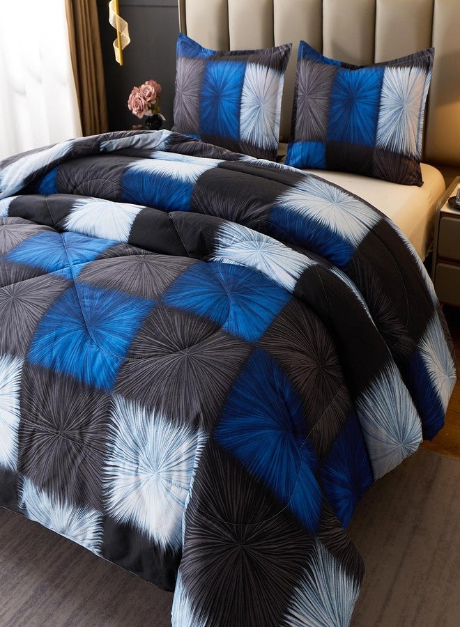 Caressma Black and Navy Blue Checkered Comforter Bedding Set, Full Size Blue White Plaid Comforter Set for Boys, Fluffy Black Grid Home Decor for All Seasons - Image 4