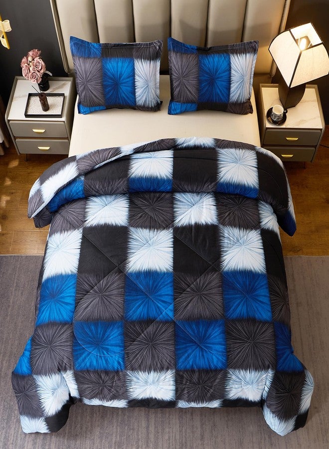 Caressma Black and Navy Blue Checkered Comforter Bedding Set, Full Size Blue White Plaid Comforter Set for Boys, Fluffy Black Grid Home Decor for All Seasons - Image 1