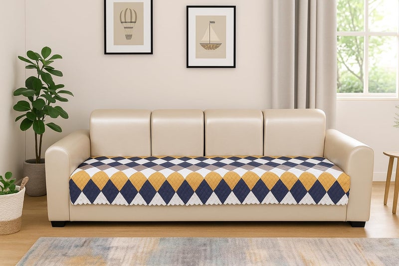 KINGLY Velvet Quilted 3 Seater Sofa Cover – Non-Slip Fit Couch Protector, Universal Seat Mat, Soft Machine Washable Quilted Velvet Sofa Runner for Daily Use (Royal Blue Yellow) (Size- 69x27) - Image 4