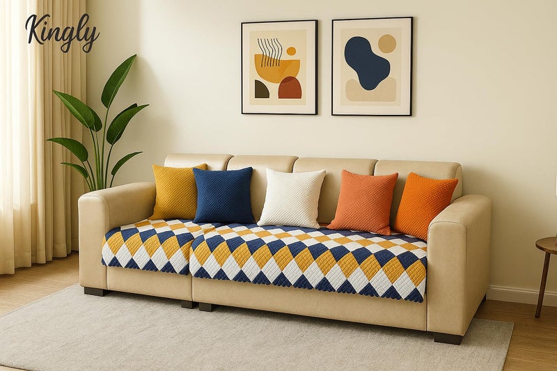 KINGLY Velvet Quilted 3 Seater Sofa Cover – Non-Slip Fit Couch Protector, Universal Seat Mat, Soft Machine Washable Quilted Velvet Sofa Runner for Daily Use (Royal Blue Yellow) (Size- 69x27) - Image 2