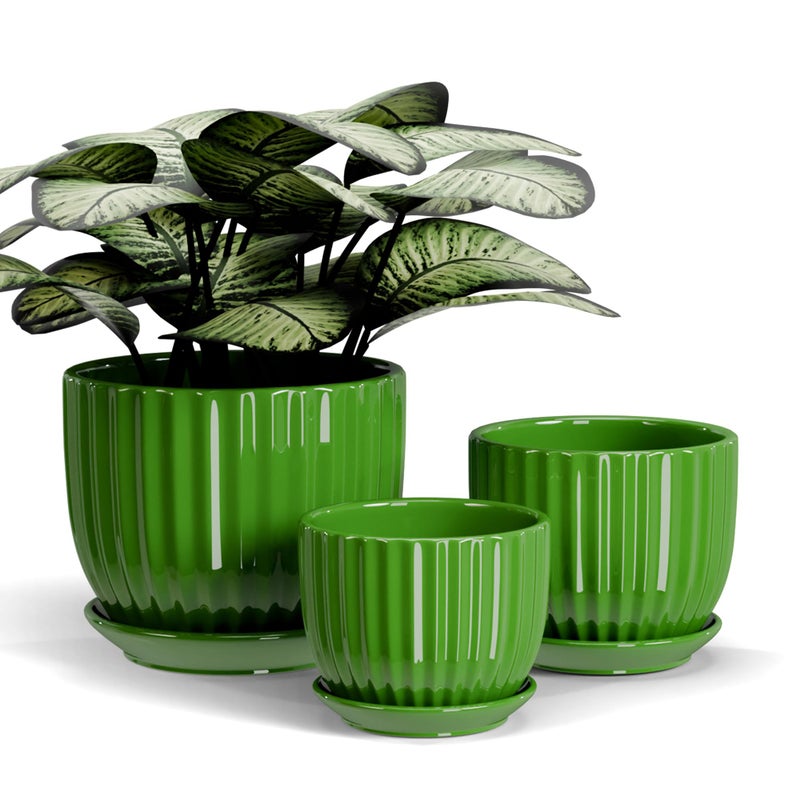 Ton Sin Ceramic Plant Pots456 InchGreen Flower Pots with Drainage Holes and TrayIndoor Planters for Plants PotsHome Office Decoration GIF for PlantsSucculent Pot Set of 3
