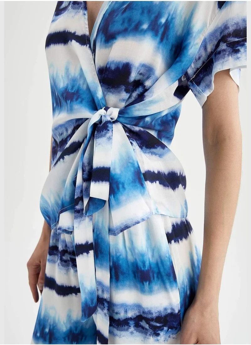 DeFacto Patterned Side Tie Short Sleeve Blouse
