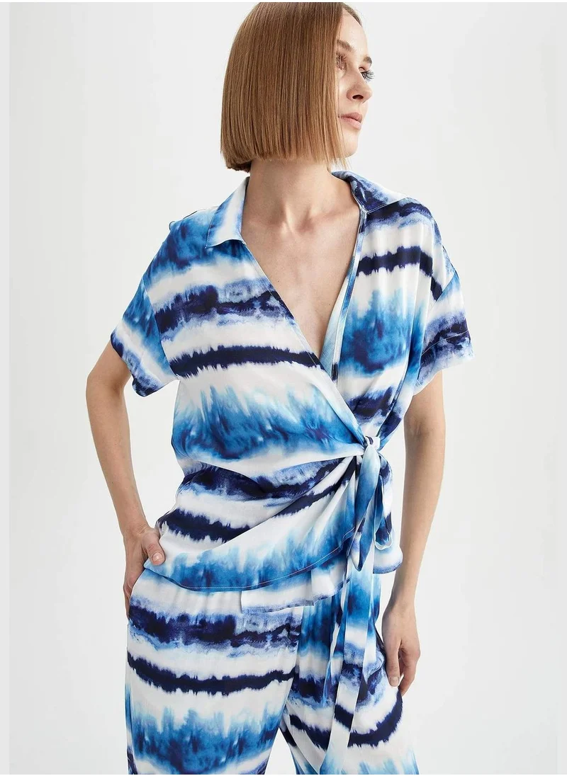 DeFacto Patterned Side Tie Short Sleeve Blouse