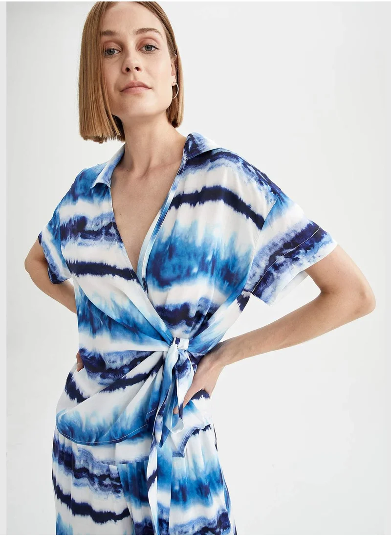 DeFacto Patterned Side Tie Short Sleeve Blouse