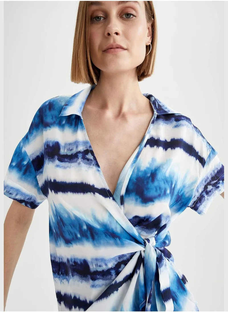 DeFacto Patterned Side Tie Short Sleeve Blouse