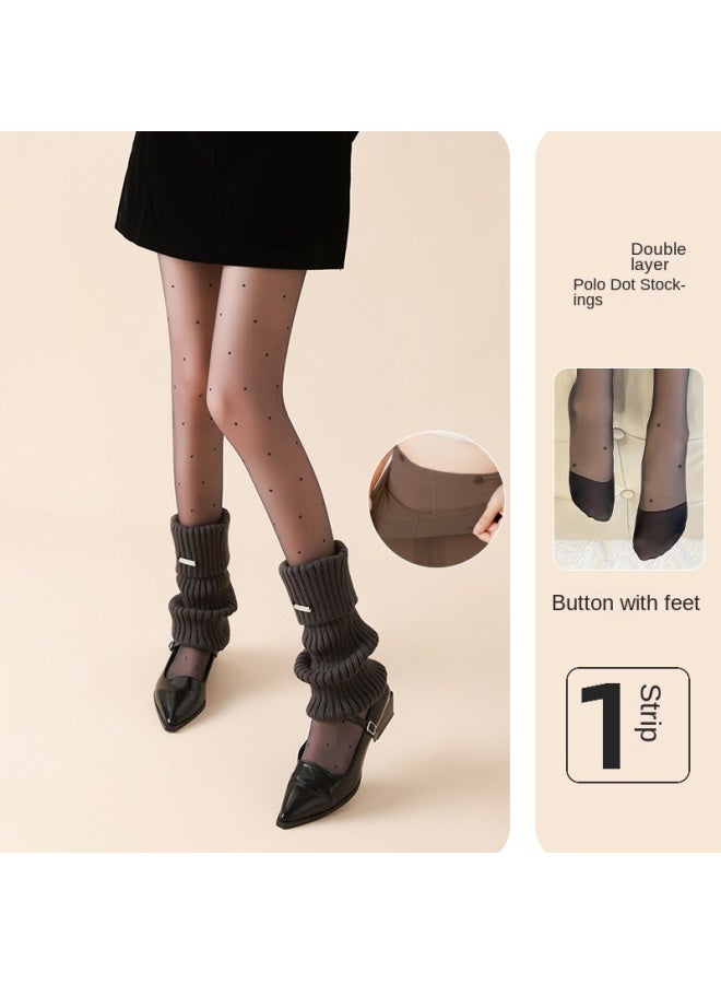Fleece-lined Double-layer Polka Dot Black Sheer Pantyhose For Women, Autumn And Winter Thickened Leggings, Black Tights