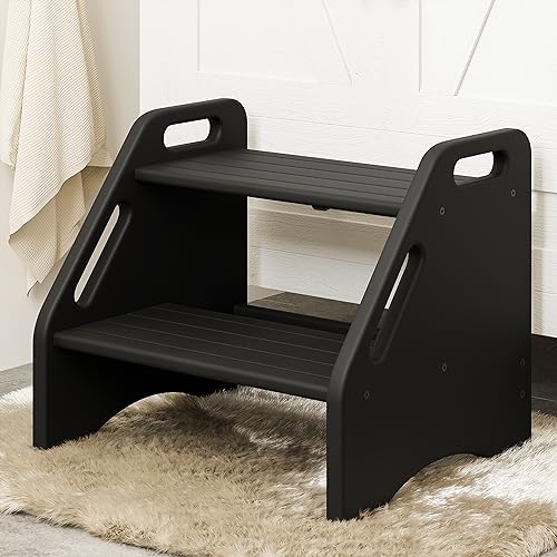 AMBIRD Wooden Step Stool Two Step Stools 300 lbs Capacity with Safety NonSlip Pads and Handles Bamboo Step Stool for Bathroom Kitchen Dual Height Step Stools for Adults Black