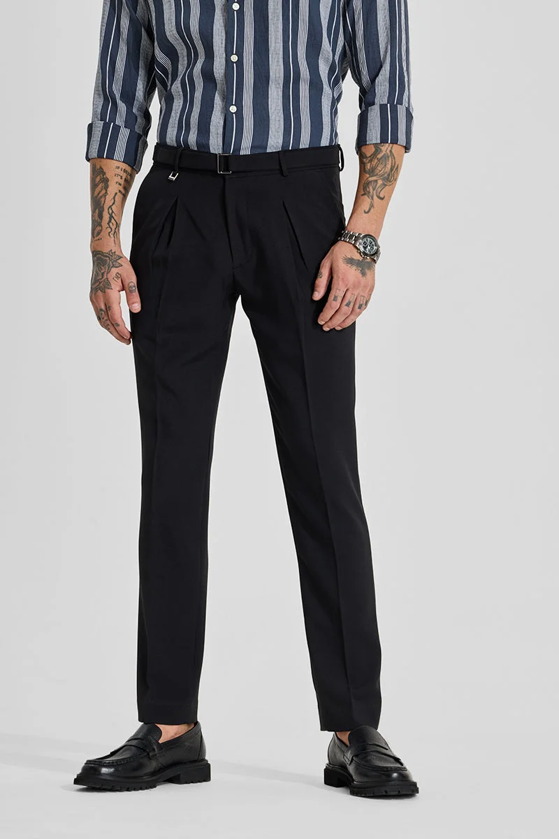 SNITCH Black Black Solid Slim Fit Formal Trousers for Men | Best Price UAE