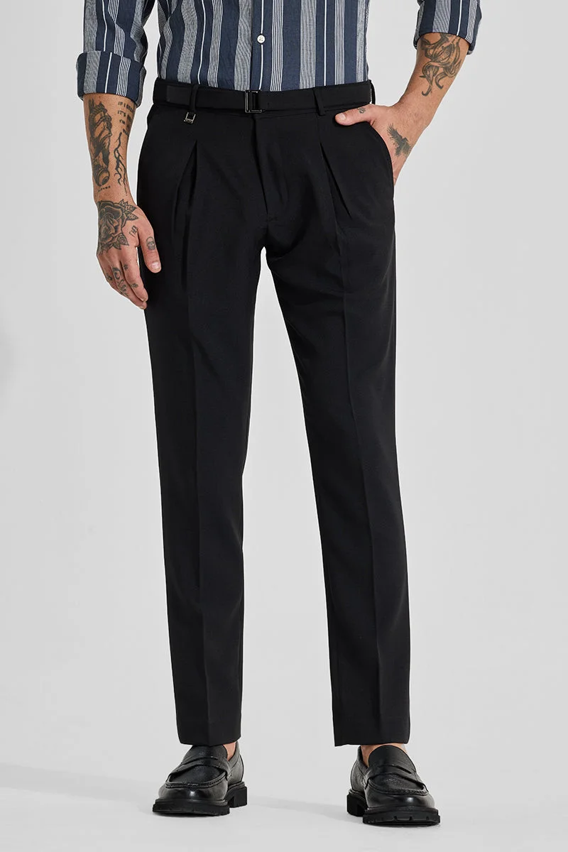 SNITCH Black Black Solid Slim Fit Formal Trousers for Men | Best Price UAE