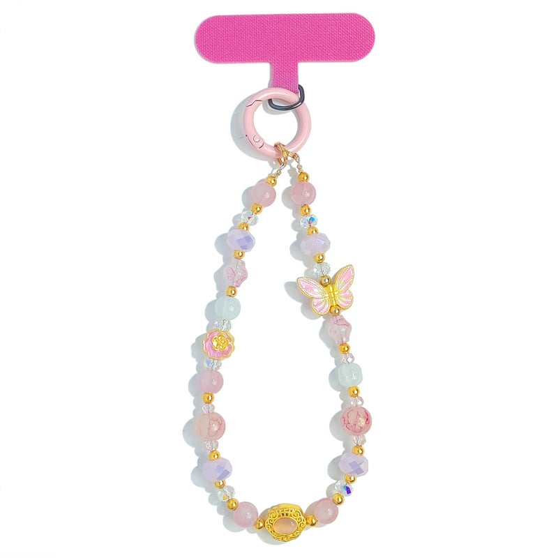 cioatu Cute Phone Wrist Strap Chic Beaded Cellphone Lanyard with Tether Tab Phone Charm Grip Strap for PhoneBag Purses Keys (Pink Butterfly) - Image 1