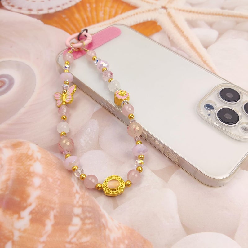 cioatu Cute Phone Wrist Strap Chic Beaded Cellphone Lanyard with Tether Tab Phone Charm Grip Strap for PhoneBag Purses Keys (Pink Butterfly) - Image 3