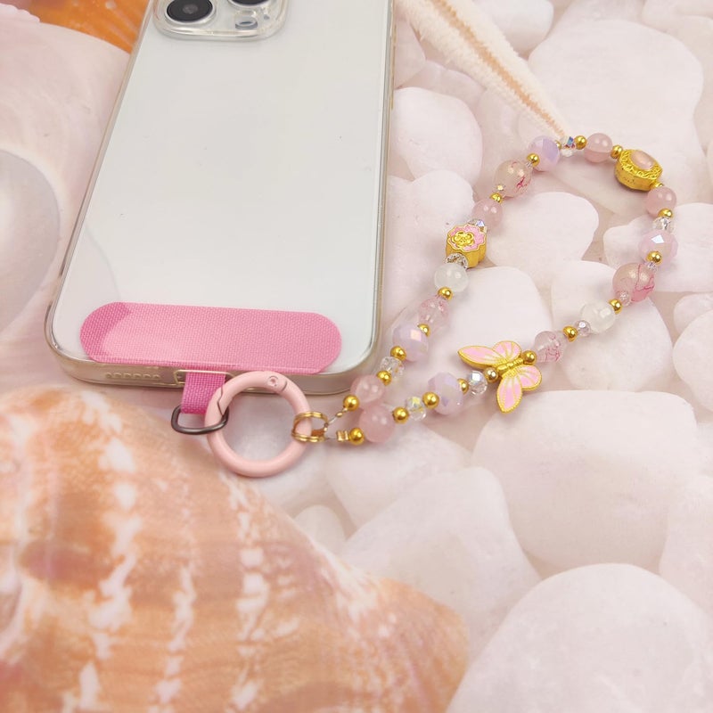 cioatu Cute Phone Wrist Strap Chic Beaded Cellphone Lanyard with Tether Tab Phone Charm Grip Strap for PhoneBag Purses Keys (Pink Butterfly) - Image 5