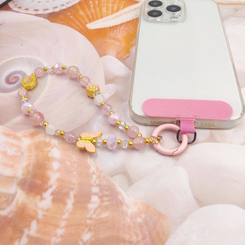 cioatu Cute Phone Wrist Strap Chic Beaded Cellphone Lanyard with Tether Tab Phone Charm Grip Strap for PhoneBag Purses Keys (Pink Butterfly) - Image 2