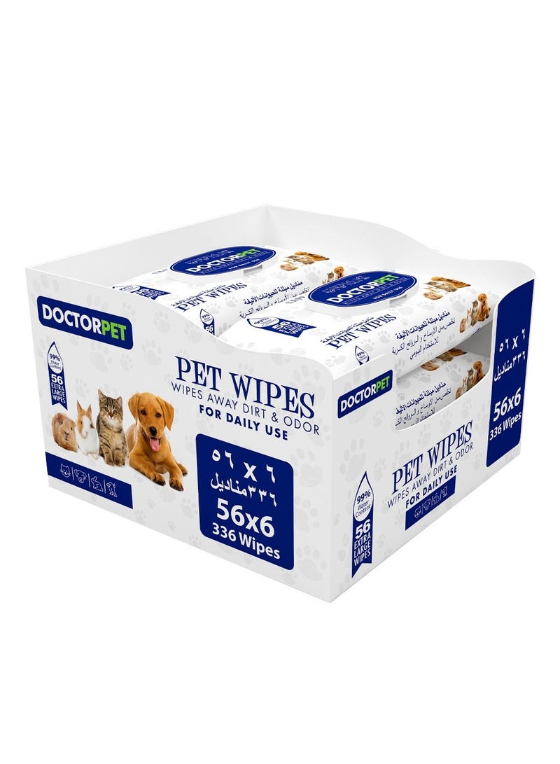 DOCTERPET Doctor Pet Wipes 56's (Pack of 6) – 99% Water Content,Fragrance Free,Hypoallergenic, Extra Large Wipes for Daily Cleansing 336 Wipes - Image 1