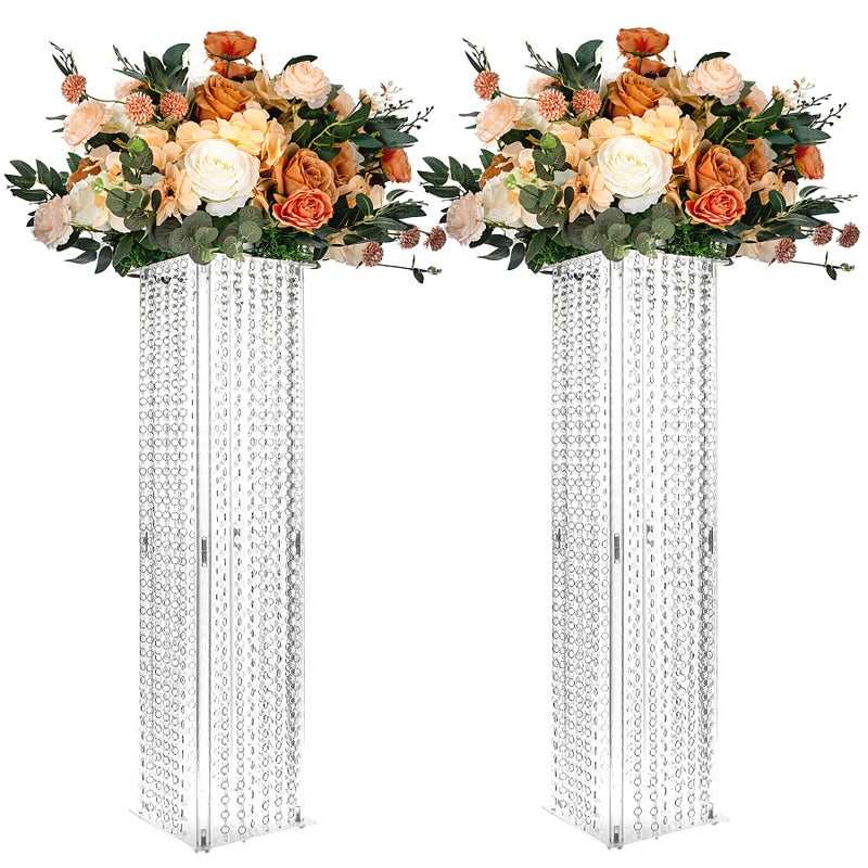 Bigsee 2 Pcs Wedding Centerpieces Table Acrylic Vases with Chandelier Crystal - 31.5in Tall Clear Rectangular Flower Stand Geometric Flower Centerpiece Vase Party Tables Decorations - Image 1