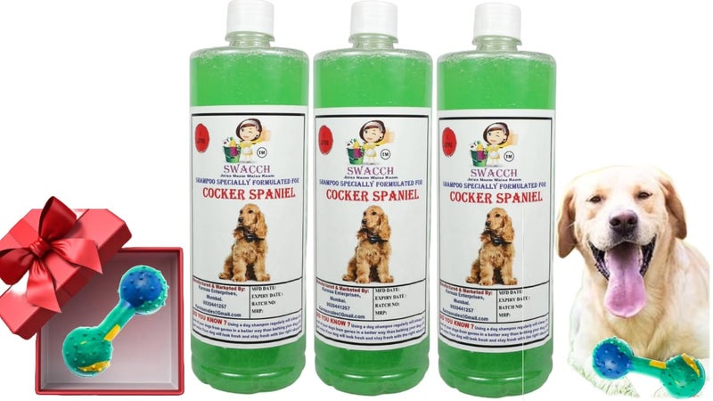 swacch Cocker Spaniel Dog Shampoo + Dumbbell Toy I Durable Rubber Dog Toy for Chewing I Playing,Teeth Cleaning & Training Toy I Combo Pack I 1 Litre Pack of 3 Neem Alovera - Image 1