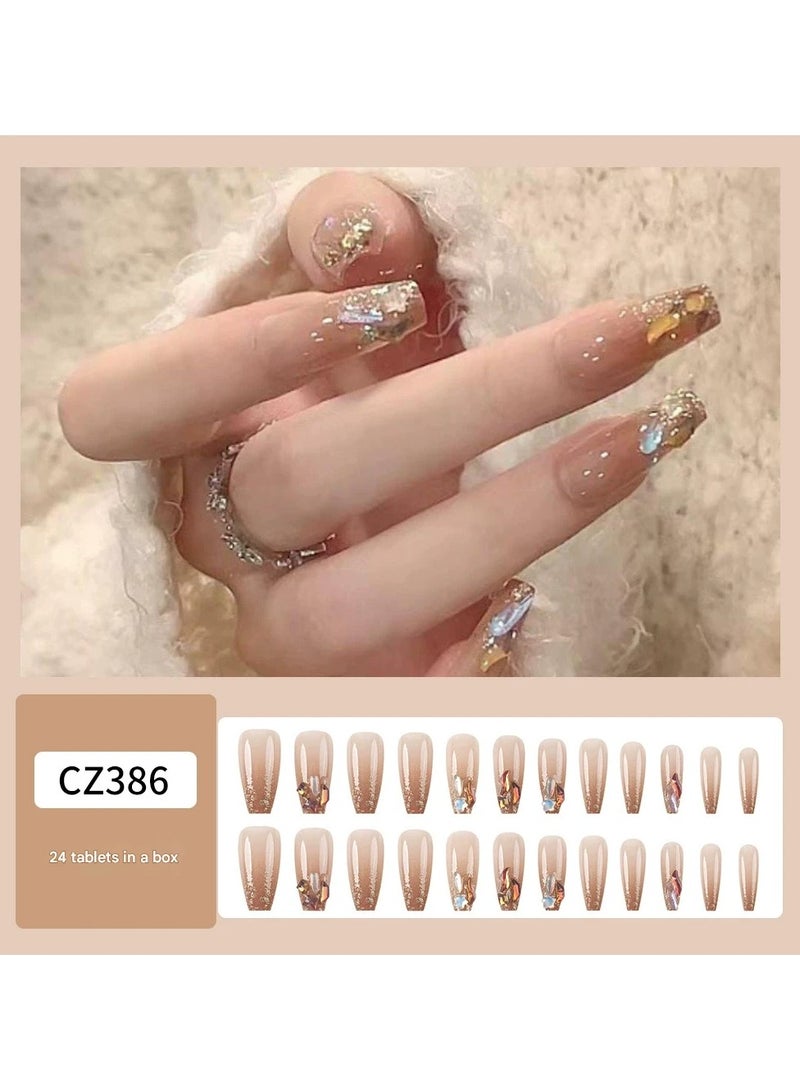 Goolsky Brown Long Press On Nails Glitter Luxury Style Fake Nail Tips Elegant Nail Set  - Image 1