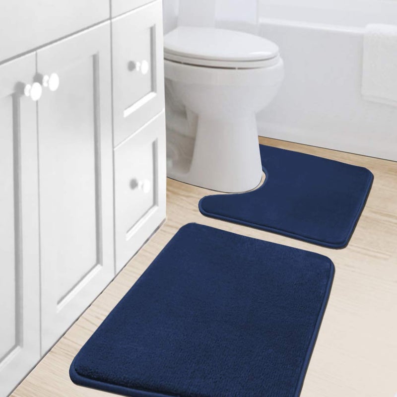 HVERSAILTEX Bath Mat Memory Foam Set Bathroom Rug Set Flannel Velvety Bath Mat Luxury Extra Soft and Absorbent Non Slip Rugs for Bedroom WashableCurved Set 20x 32 Plus 20x 20U Navy