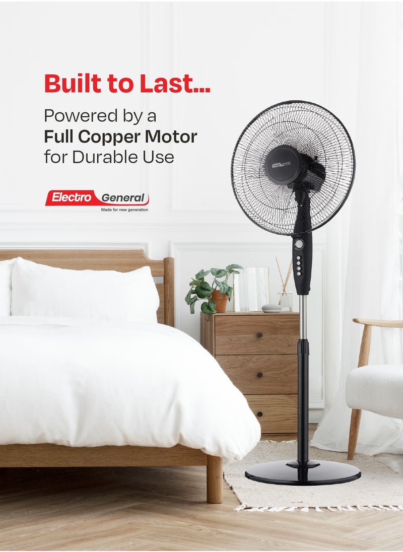 Electro General - Pedestal fan with all-copper motor - Low noise design - 5 powerful AS blades - 3 speeds - Timer up to 7.5 hours - Adjustable angle - Adjustable height from 1.2 to 1.3 meters - Sturdy circular base, model FST-BK32 - Image 1