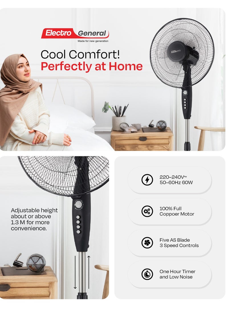 Electro General - Pedestal fan with all-copper motor - Low noise design - 5 powerful AS blades - 3 speeds - Timer up to 7.5 hours - Adjustable angle - Adjustable height from 1.2 to 1.3 meters - Sturdy circular base, model FST-BK32 - Image 1
