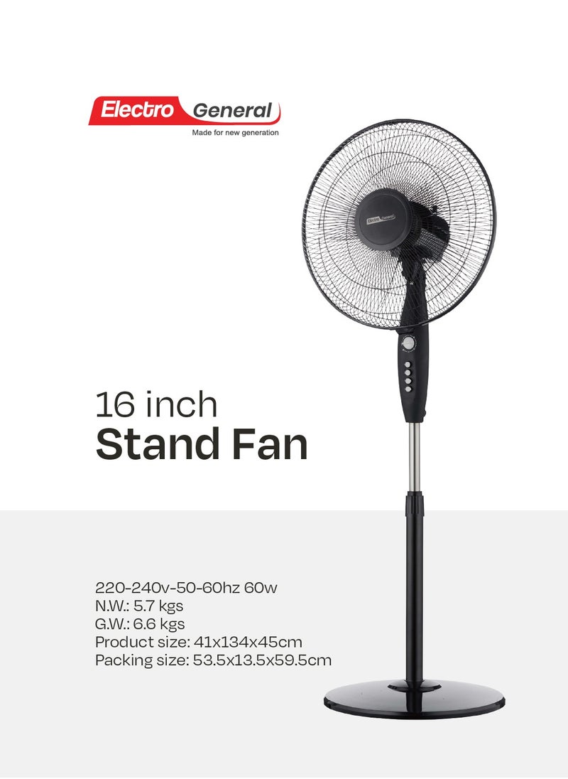 Electro General - Pedestal fan with all-copper motor - Low noise design - 5 powerful AS blades - 3 speeds - Timer up to 7.5 hours - Adjustable angle - Adjustable height from 1.2 to 1.3 meters - Sturdy circular base, model FST-BK32 - Image 1
