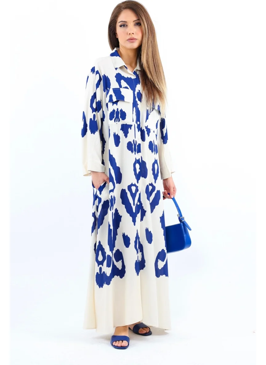 Ritnice Prive Women's Larin 100% Viscose Cream Navy Blue Front Buttoned Long Dress