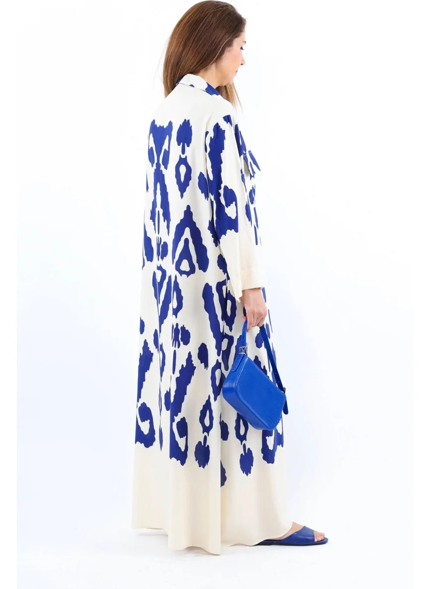 Ritnice Prive Women's Larin 100% Viscose Cream Navy Blue Front Buttoned Long Dress