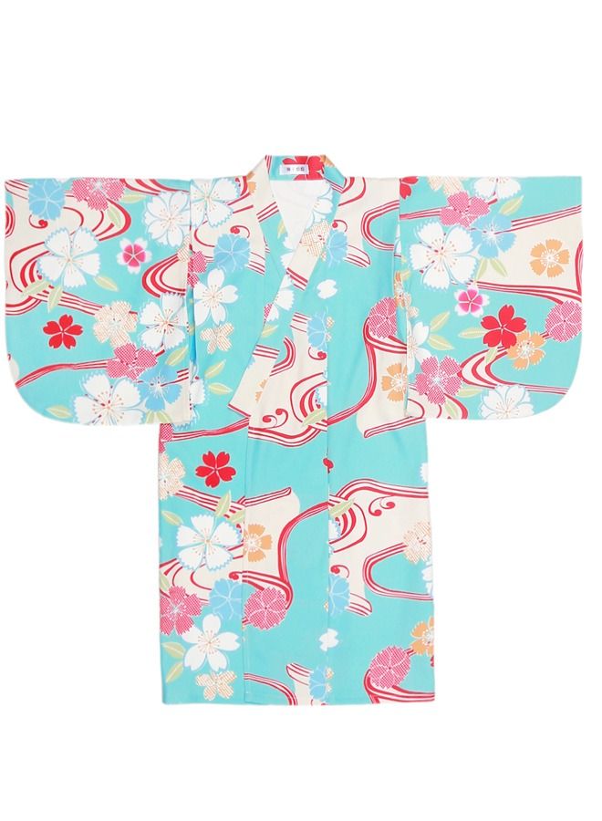 Al Aoyama Light Blue Cherry Blossoms Japan Yukata with sash belt for Children Kids Girls Room wear  - Image 3