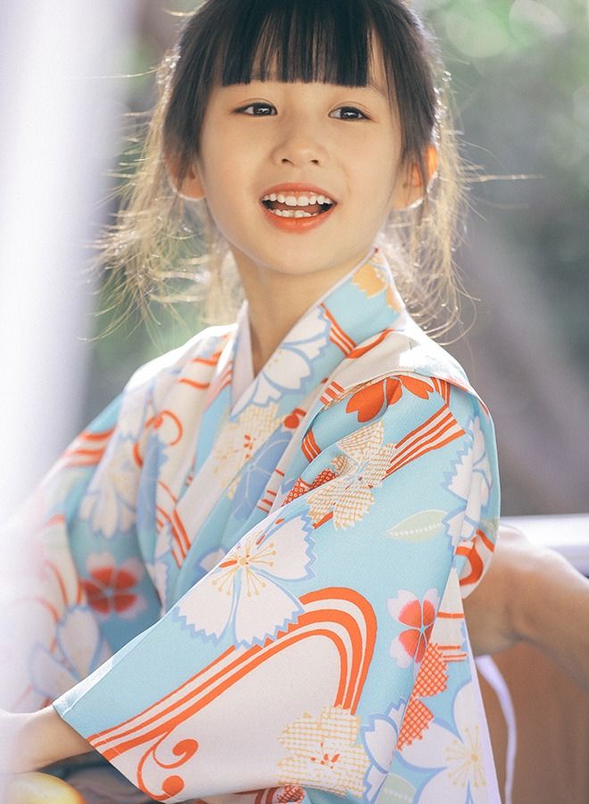 Al Aoyama Light Blue Cherry Blossoms Japan Yukata with sash belt for Children Kids Girls Room wear  - Image 4