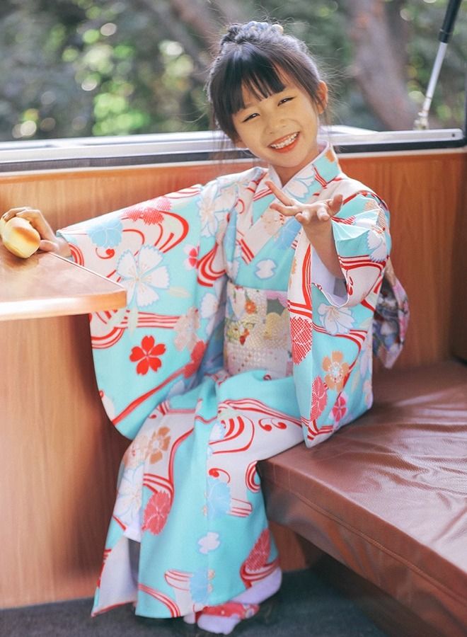 Al Aoyama Light Blue Cherry Blossoms Japan Yukata with sash belt for Children Kids Girls Room wear  - Image 1