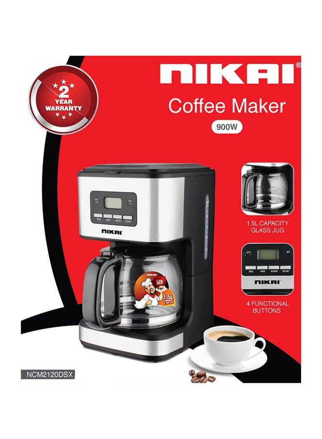 Nikai 900 Watts Coffee Maker, Digital Display, 1.5 Liter Capacity Glass Jug, 4 Functional Buttons, Boil Dry Protection, 30 Sec. Anti Drip Function, NCM2120DSX 1.5 L 900 W NCM2120DSX Black - Image 2