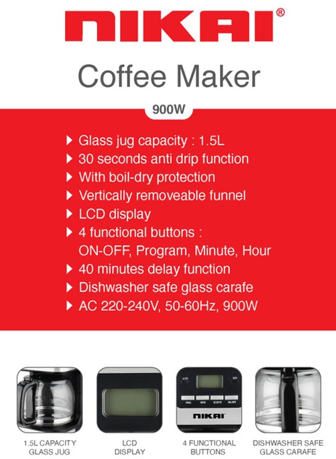 Nikai 900 Watts Coffee Maker, Digital Display, 1.5 Liter Capacity Glass Jug, 4 Functional Buttons, Boil Dry Protection, 30 Sec. Anti Drip Function, NCM2120DSX 1.5 L 900 W NCM2120DSX Black - Image 3