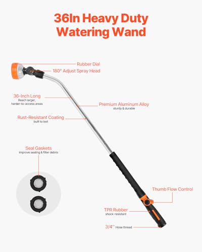 VEVOR Watering Wand 36Inch Extra Long Heavy Duty Garden Hose Wand with 8 Spray Patterns 180 Swivel Head Long Hose Nozzle Sprayer with onoff Thumb Control Ideal for Hanging Baskets - Image 3